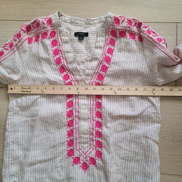 J. Crew Top XS Beige Striped Pink Embroidered Linen Boho Pullover Shirt - Picture 10 of 11